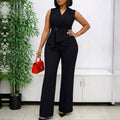 Plush Fashion Hub summer sleeveless jumpsuit with collar, lace-up front, wide-leg pants in solid color, casual and stylish design