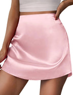 Bella Mia satin mini A-line pleated high-waist skirt for women, showcasing smooth fabric and stylish design.