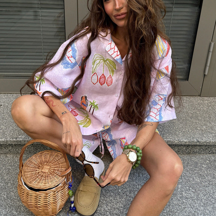 Summer women's digital print casual shirt and shorts two-piece set with collared short sleeves and cardigan top by Plush Fashion Hub.