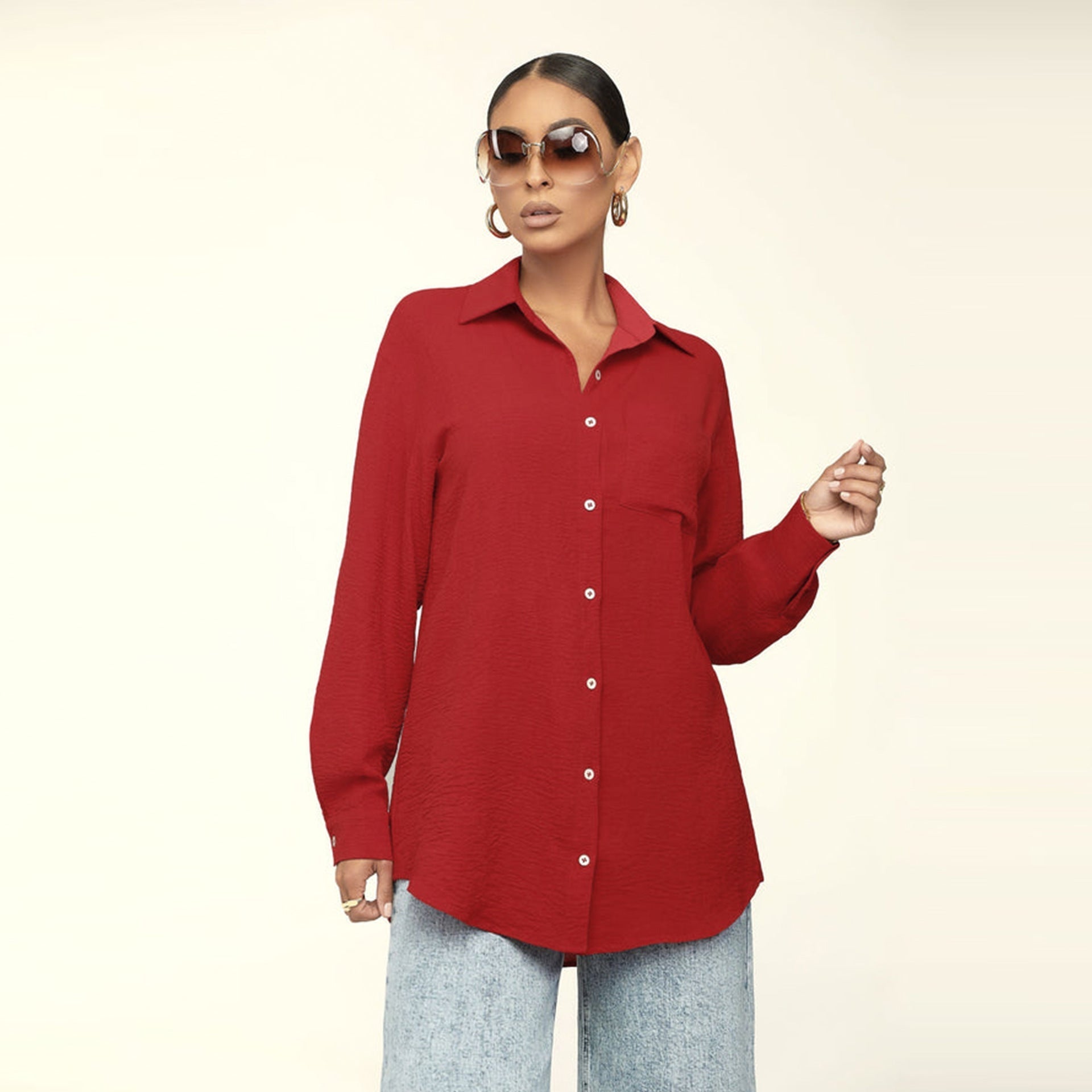 Bella Mia fall women's long sleeve solid color casual top, loose fit, stylish shirt for women.