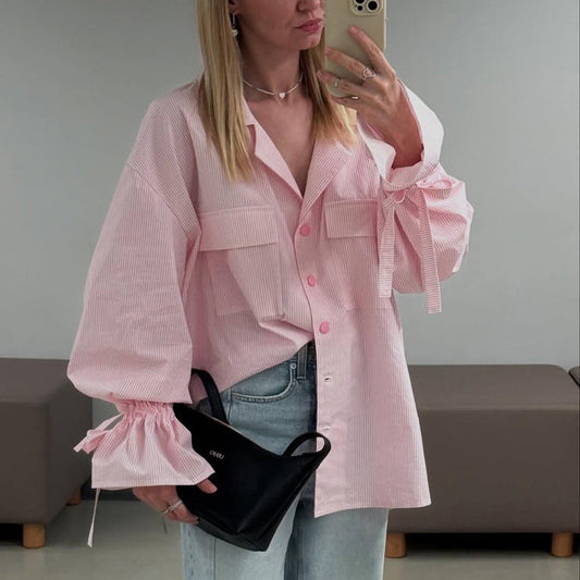 Fashionable Striped Office French Shirt for Women Spring Autumn Printing Collared Bell Sleeve Loose Pockets Shirt Bella Mia