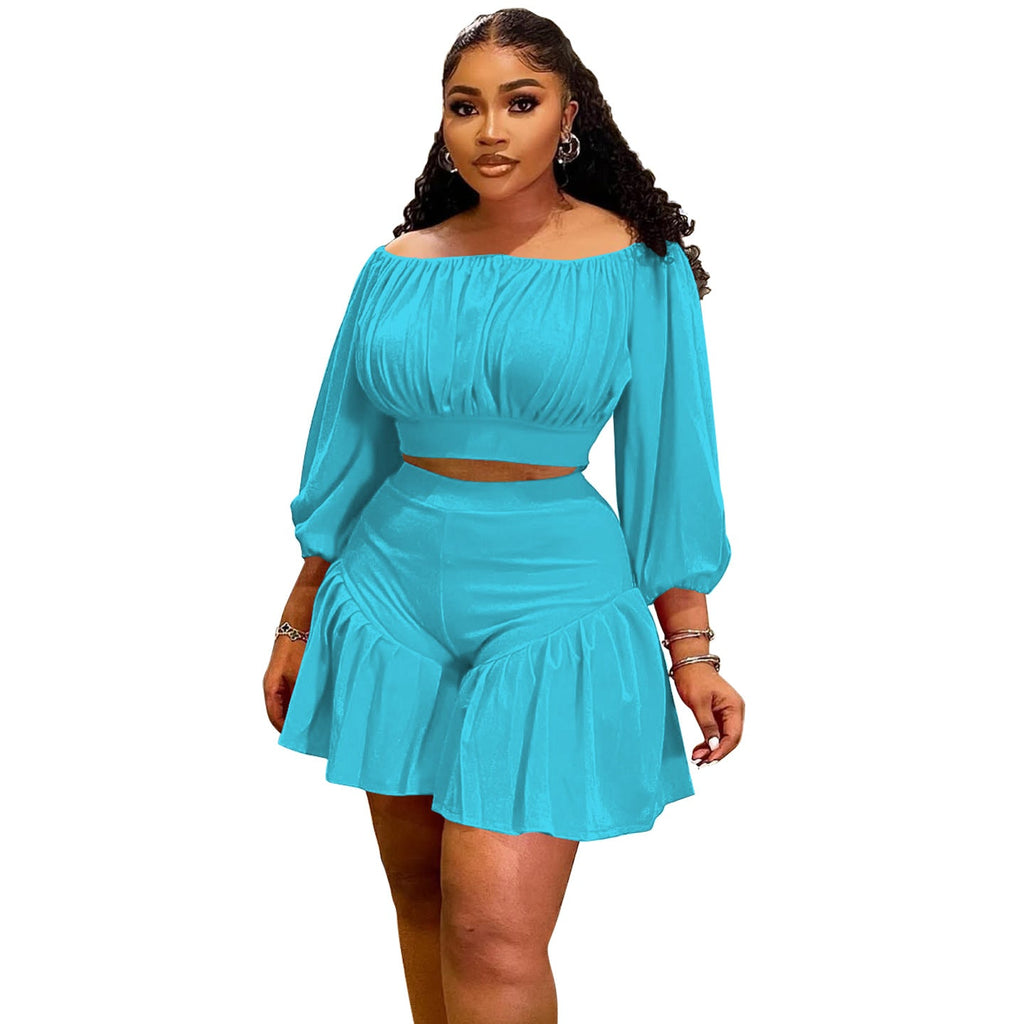 Plus size women's casual two-piece set with pleated off-shoulder top and fluffy waist trimming by Wanita Store