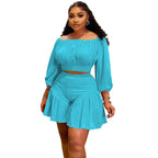 Plus size women's casual two-piece set with pleated off-shoulder top and fluffy waist trimming by Wanita Store