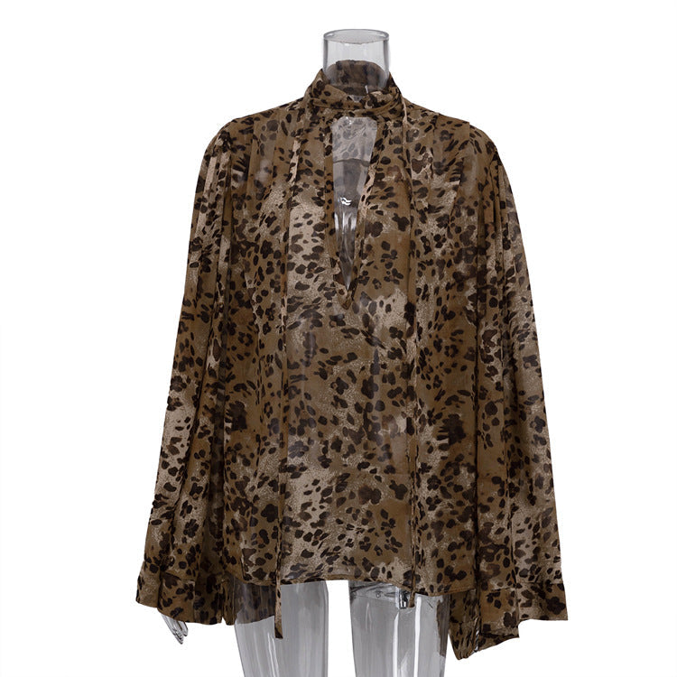 Spring Women Shirt Leopard Print Design Hollow Out Cutout out Stand up Collar Long Sleeved Top Bella Mia