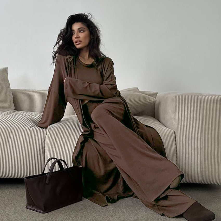 Bella Mia summer three-piece pajamas set with knitted solid color top, trousers, and matching loose, comfortable home wear.