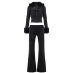 Bella Mia autumn winter furry long-sleeved zipper sweater coat and rhinestone graphic sweatpants two-piece set on a model.