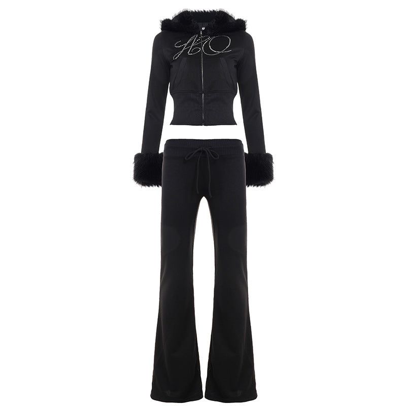 Bella Mia autumn winter furry long-sleeved zipper sweater coat and rhinestone graphic sweatpants two-piece set on a model.