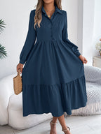 Loose long sleeve ruffled shirt dress for women, featuring a collared design in autumn winter casual style.