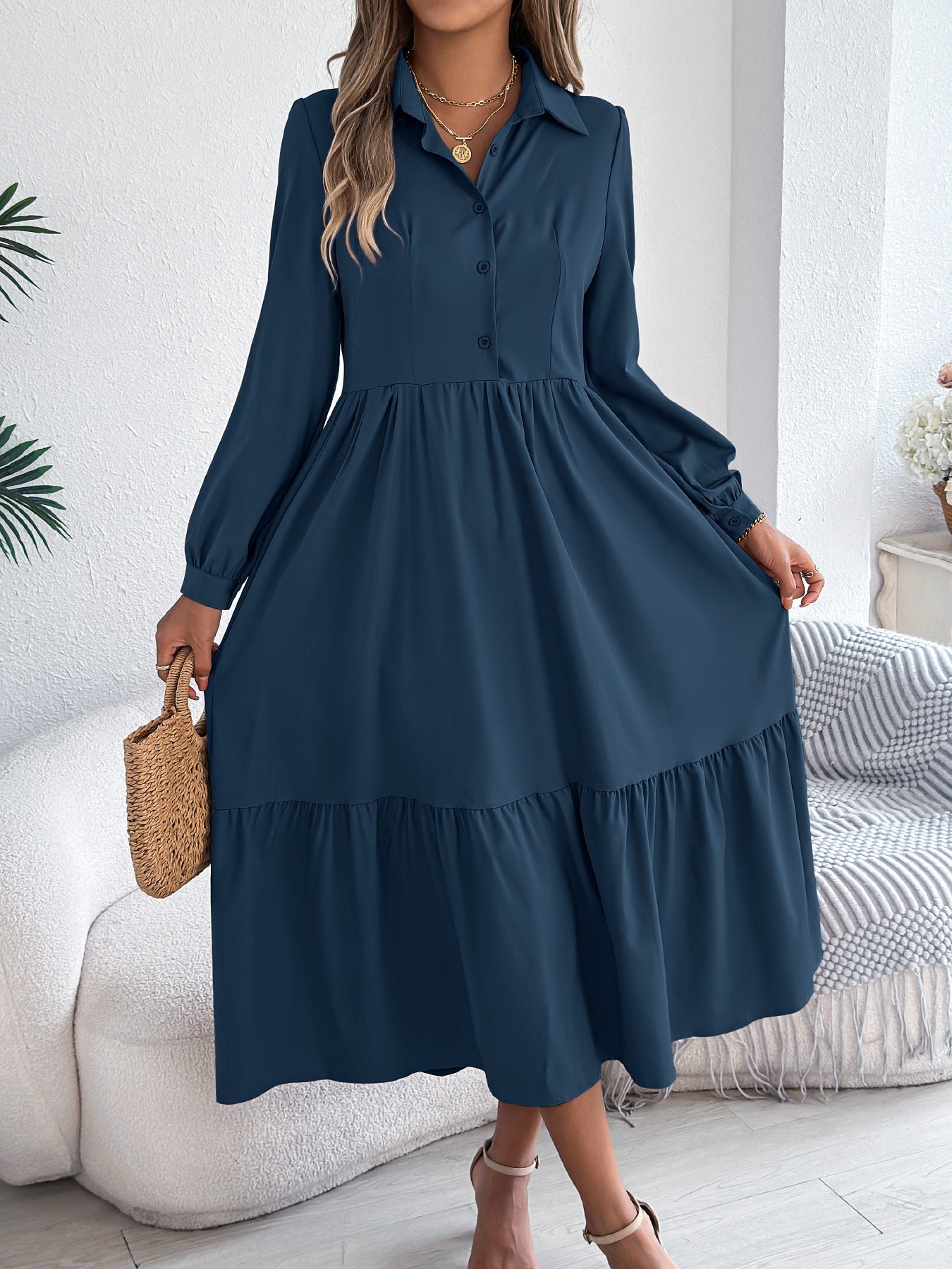 Loose long sleeve ruffled shirt dress for women, featuring a collared design in autumn winter casual style.