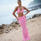 Sexy floral knitted bikini set with halter straps and cropped design, perfect for summer swimwear by Plush Fashion Hub.