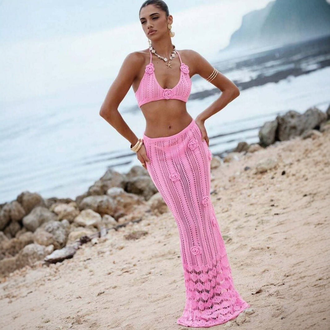 Sexy floral knitted bikini set with halter straps and cropped design, perfect for summer swimwear by Plush Fashion Hub.