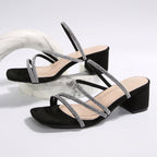 Bella Mia women's chunky heel rhinestone sandals with thin straps, square toe, and mid heel, perfect for stylish summer footwear.