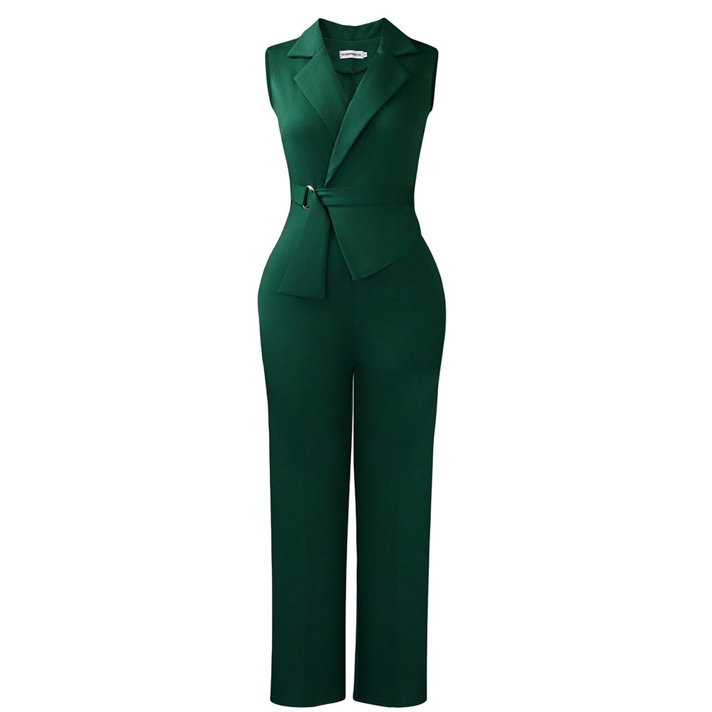 Plush Fashion Hub summer sleeveless jumpsuit with solid color, collar, lace-up front, and wide-leg pants.