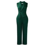 Plush Fashion Hub summer sleeveless jumpsuit with solid color, collar, lace-up front, and wide-leg pants.