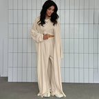 Bella Mia summer three-piece pajamas set with knitted solid color top and trousers, loose and comfortable home wear.
