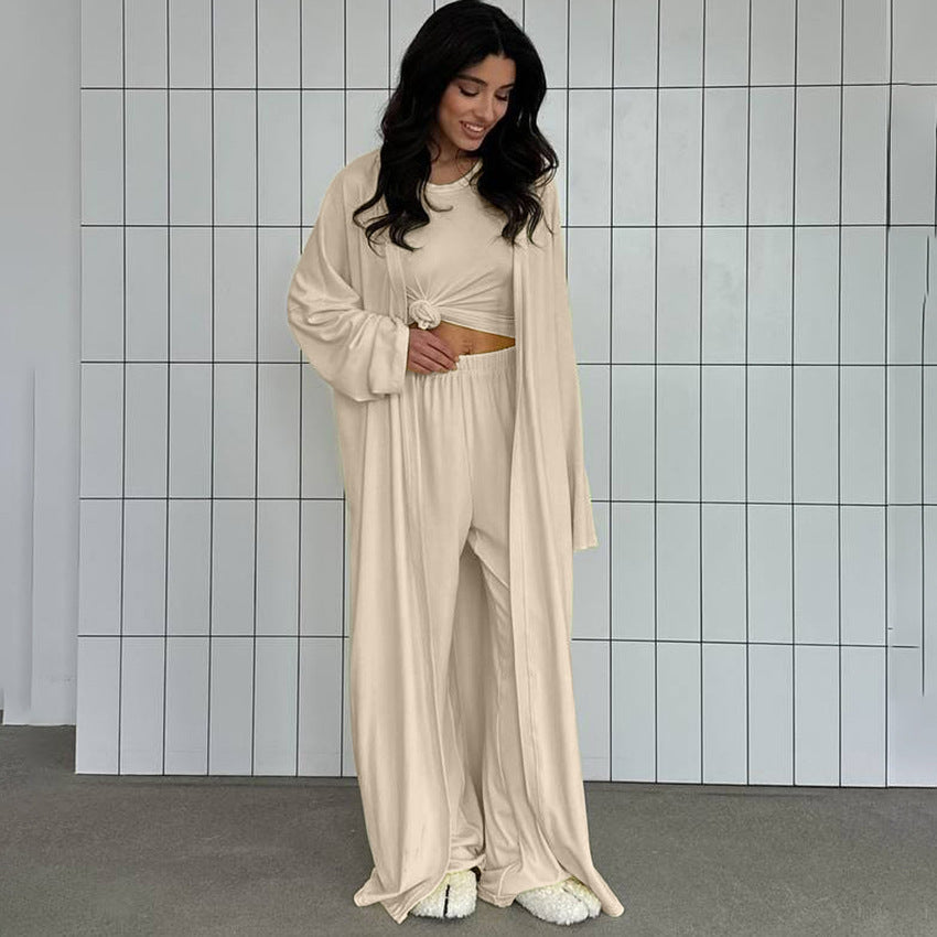 Bella Mia summer three-piece pajamas set with knitted solid color top and trousers, loose and comfortable home wear.
