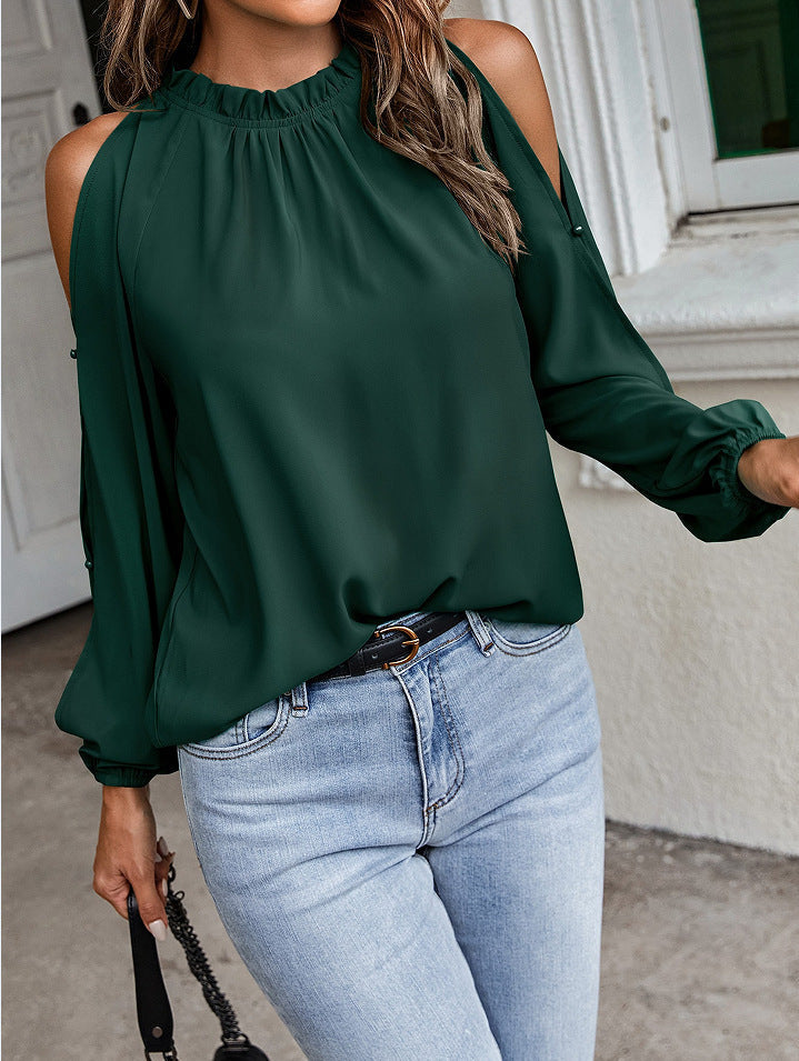 Bella Mia women's autumn winter off-shoulder blouse with solid color, lotus leaf round neck, long sleeves, and pleated design.