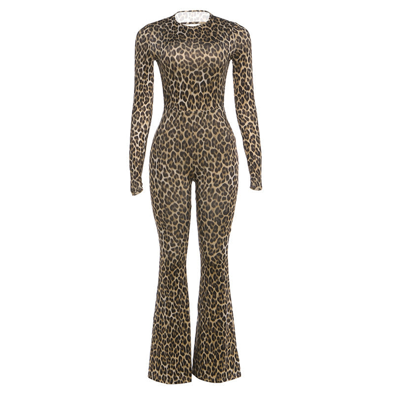 Plush Fashion Hub women’s leopard print backless jumpsuit with round neck, long sleeves, high waist, slim fit, perfect for spring.