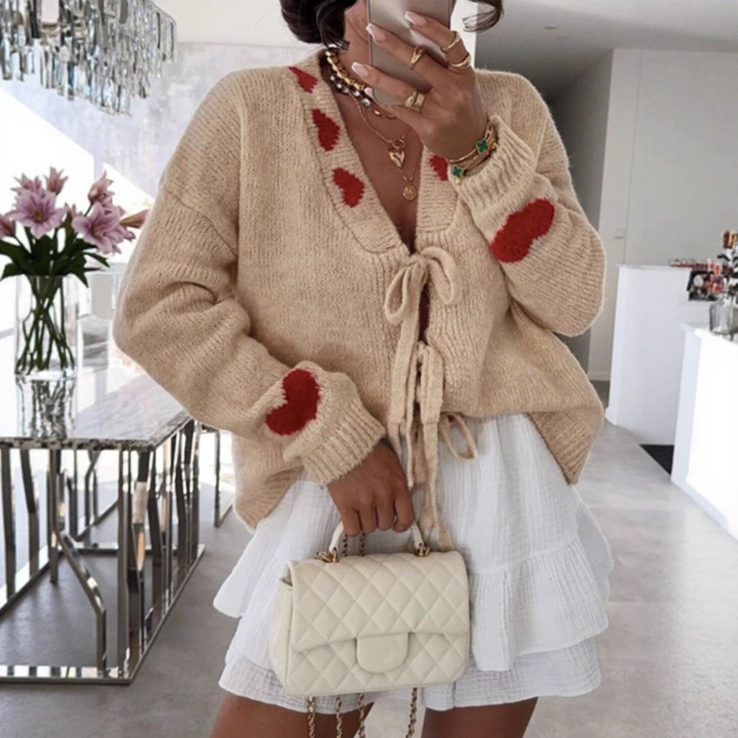 Outer Wear Stitching Sweater Coat Lace up Love Jacquard Knitted Cardigan Women Bella Mia