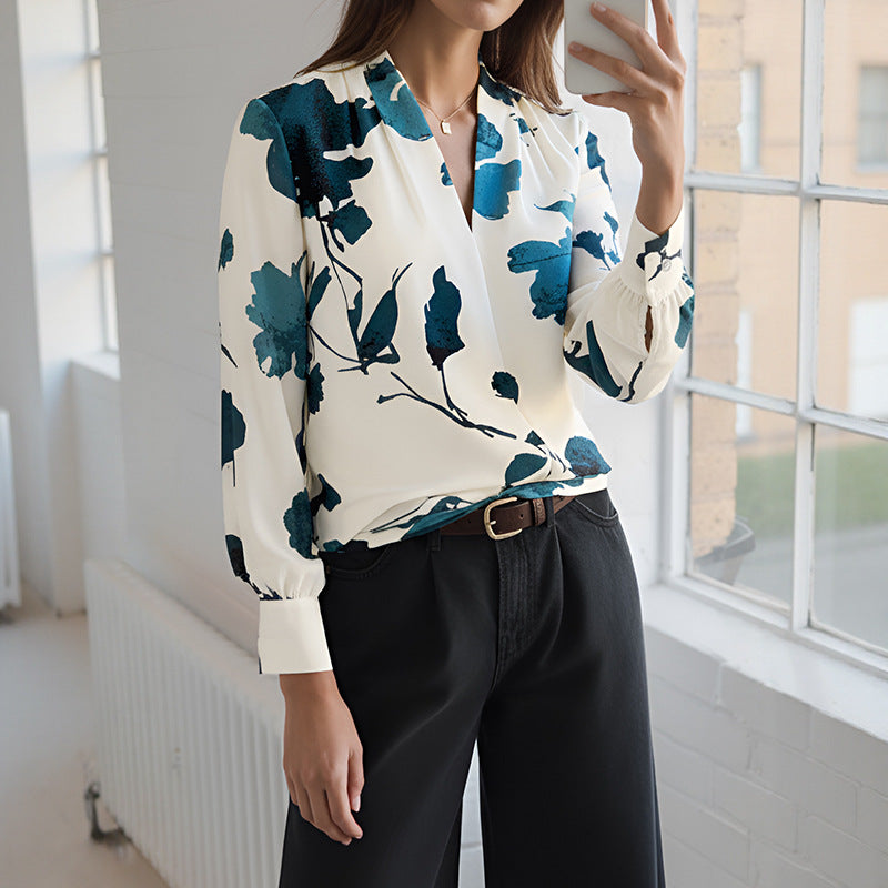 Bella Mia long sleeve floral printed shirt featuring ink artistic floral design, perfect for spring and autumn casual wear.