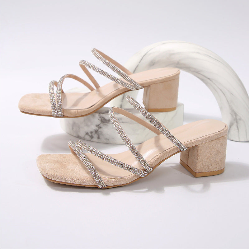 Bella Mia women's chunky heel rhinestone sandals with thin straps, square toe, and mid heel design for stylish comfort.