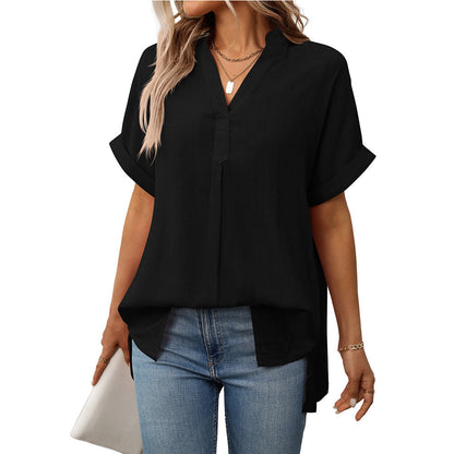 Summer Women V neck Short Sleeve Striped Loose Plaid Shirt Bella Mia