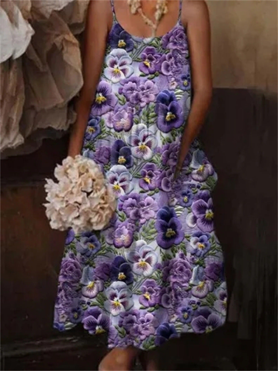 European and American style floral art print casual sling holiday dress by Plush Fashion Hub, showcasing vibrant floral patterns.