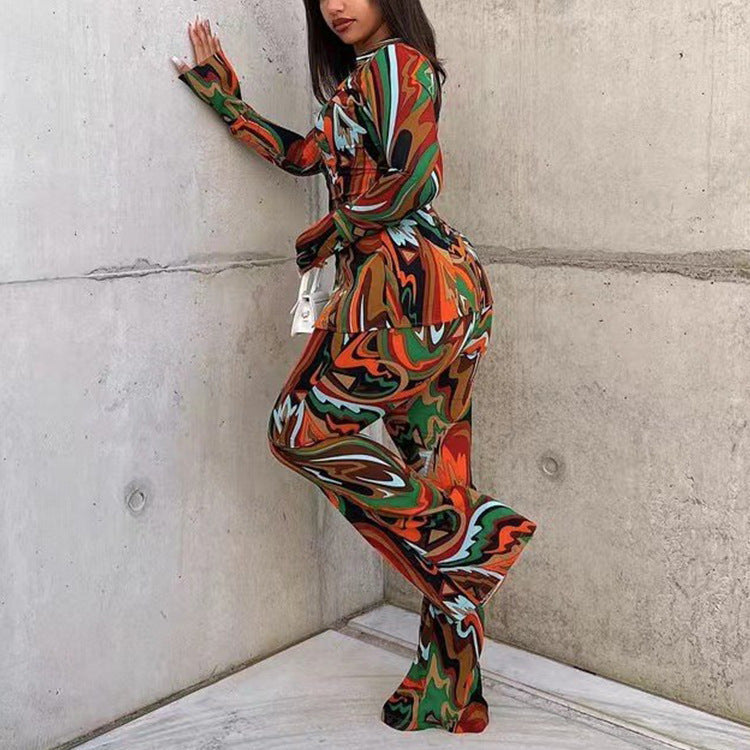 Women’s fall deep V plunge suit by Plush Fashion Hub featuring a printed shirt and wide-leg pants, casual two-piece outfit.