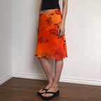 Chinese retro floral print chiffon mesh midi skirt with contrast color design, perfect for vacation and casual wear.