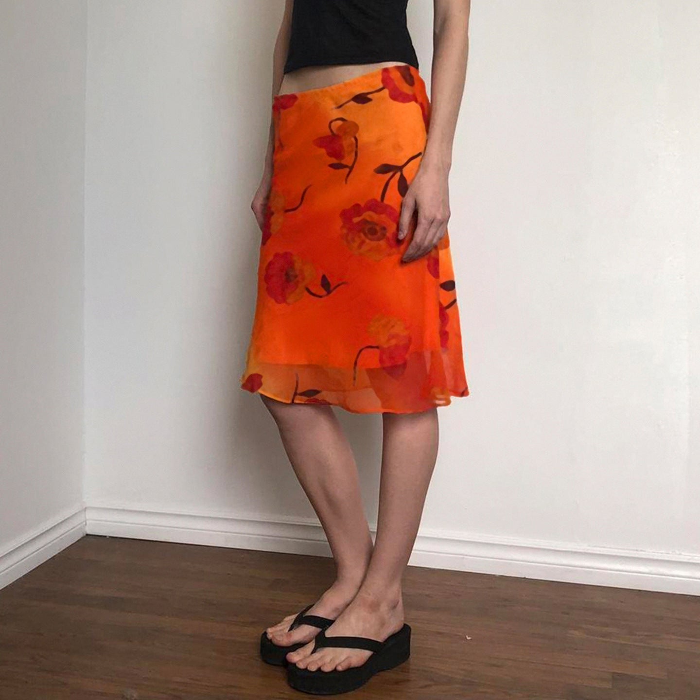 Chinese retro floral print chiffon mesh midi skirt with contrast color design, perfect for vacation and casual wear.
