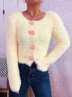 Bella Mia autumn winter knitted cardigan sweater with cute love buttons, solid color, mink-like soft knit for office or casual wear.