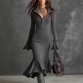 Women’s fall winter sexy zipper collared fishtail dress with bell sleeves, stylish design by Wanita Store.