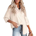 Women’s satin long sleeve shirt by Bella Mia featuring an autumn gravel pattern and a loose fit.