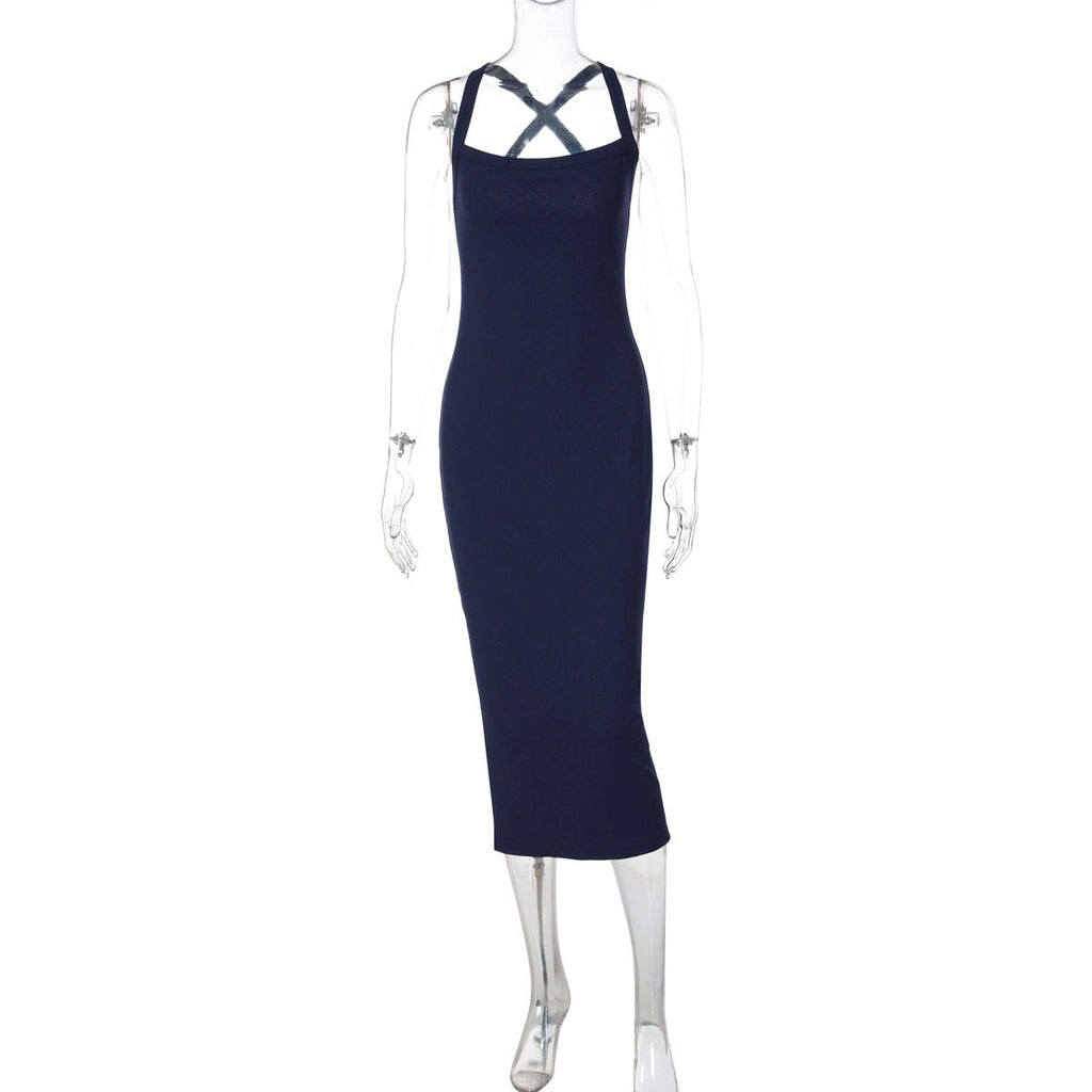 Bella Mia sexy halterneck French dress with suspenders, backless, slim fit, figure-flattering, hip dress for women.