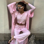 Bella Mia summer three-piece pajamas set with knitted solid color top, trousers, and comfortable loose fit for home wear.