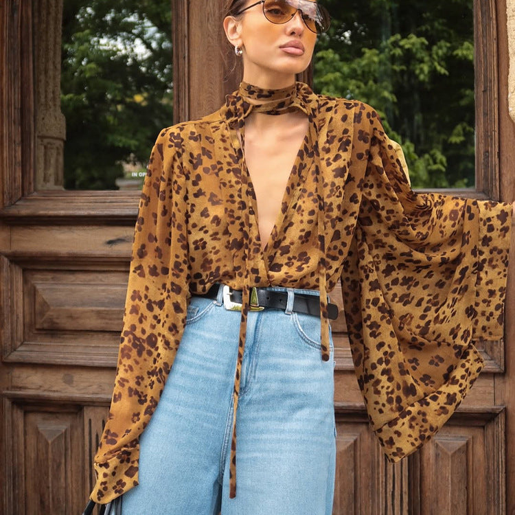 Spring Women Shirt Leopard Print Design Hollow Out Cutout out Stand up Collar Long Sleeved Top Bella Mia