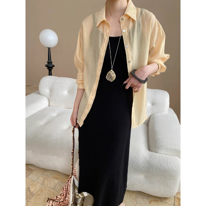 Back Slit Modeling Lanjing Tencel Blended Simple Casual Loose Shirt Bella Mia