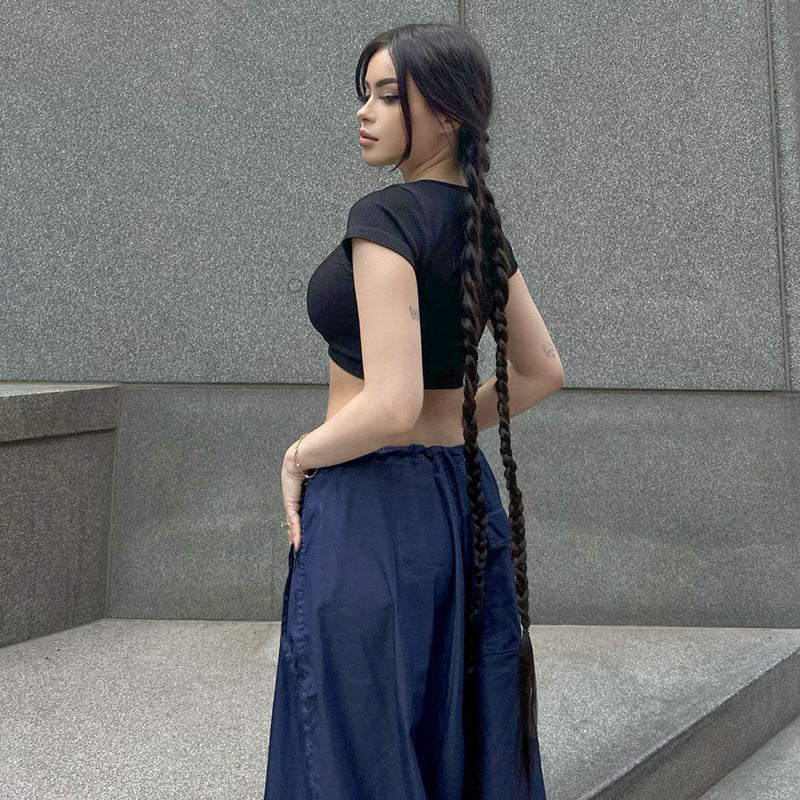 Blue loose sports casual woven wide-leg pants for women, perfect for summer streetwear, by Wanita Store.