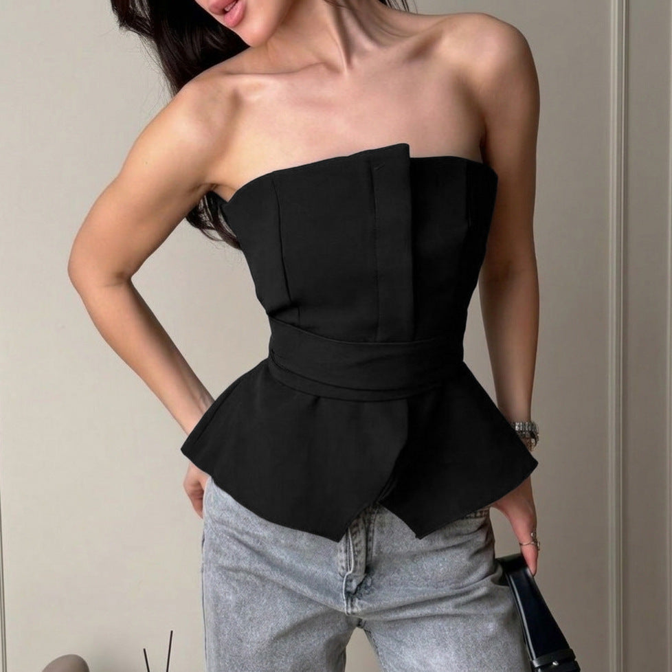 Summer slim fit tied waist tube top with side slit, stylish vest for women from Plush Fashion Hub.