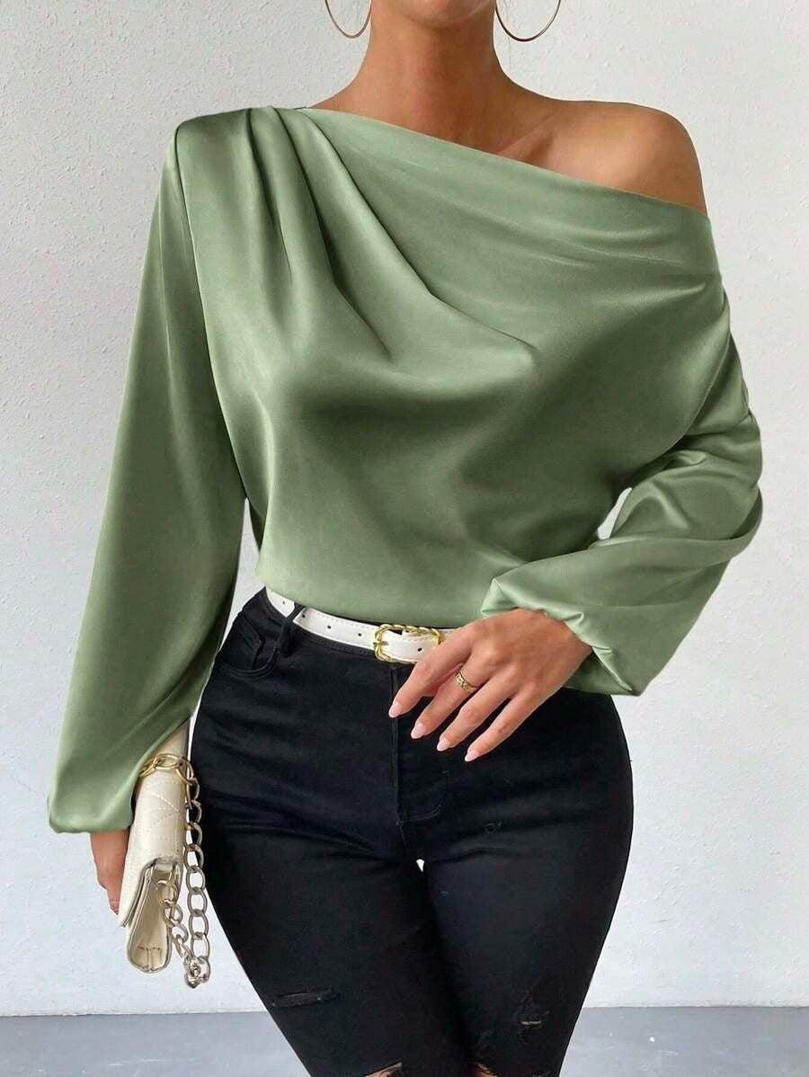 Bella Mia women's satin long sleeve shirt with oblique shoulder design and asymmetric pullover style in solid color.