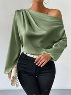 Bella Mia women's satin long sleeve shirt with oblique shoulder design and asymmetric pullover style in solid color.