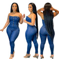Slim fit denim jumpsuit for women featuring a casual tube top style, designed by Wanita Store.