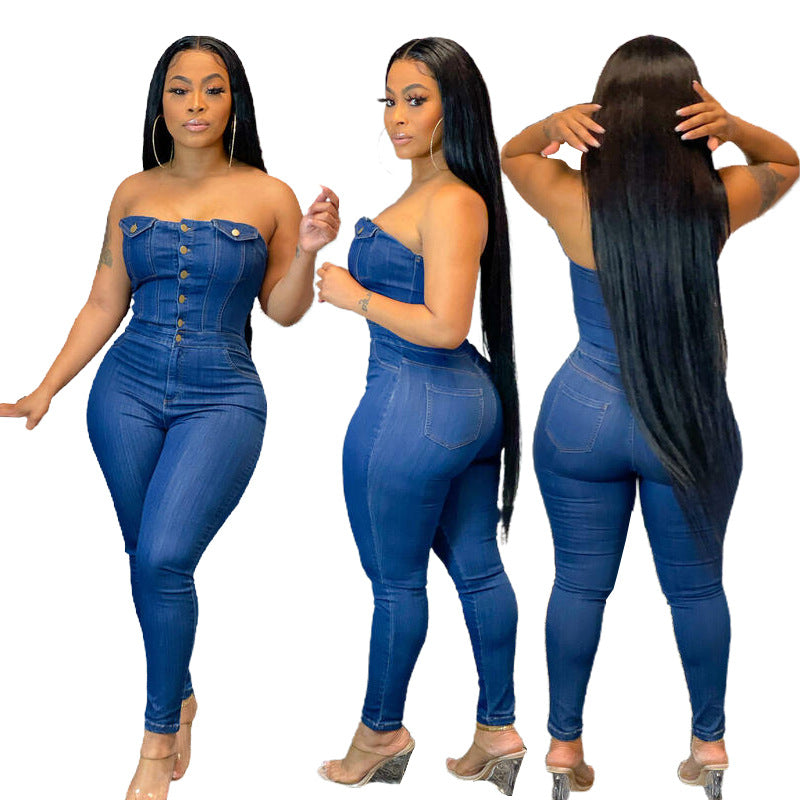Denim casual tube top jumpsuit for women with slim fit design, sleeveless, stylish and comfortable from Plush Fashion Hub.