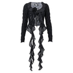 Bella Mia spring mesh cardigan with lace-up V-neck, long sleeves, pleated see-through design, and stringy selvedge details.