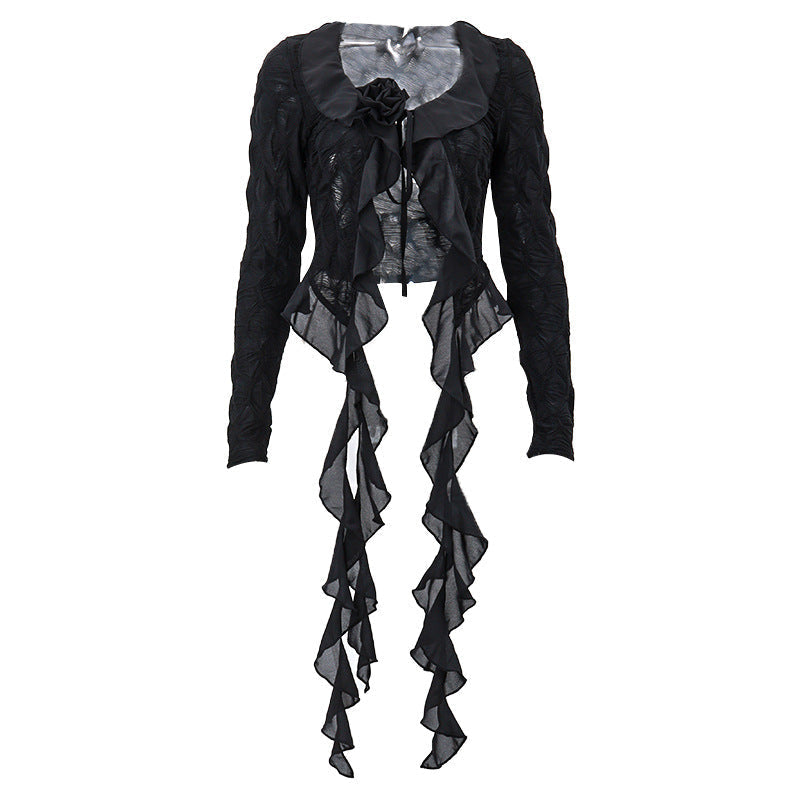 Bella Mia spring mesh cardigan with lace-up V-neck, long sleeves, pleated see-through design, and stringy selvedge details.