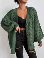 Bella Mia women's V-neck retro loose twist lantern sleeve knitted cardigan sweater, stylish and cozy knit coat.