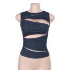 Women’s imitation denim vest top with cutout design, stylish summer women’s clothing from Wanita Store.