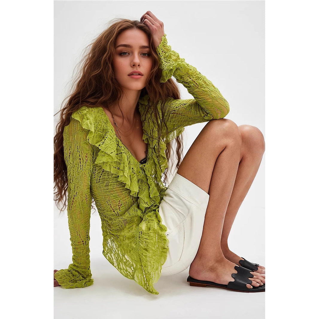 Lace V-neck women's autumn long sleeve ruffled knitted shirt featuring a short cardigan style, by Plush Fashion Hub.