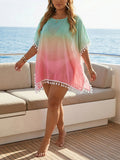 Women’s casual loose gradient print T-shirt with tassel stitching, ideal as a beach cover-up from Plush Fashion Hub.
