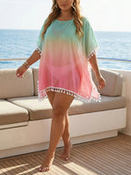 Women’s casual loose gradient print T-shirt with tassel stitching, ideal as a beach cover-up from Plush Fashion Hub.